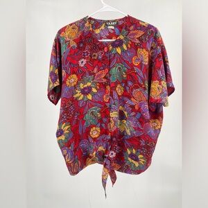 Tabby of California colorful floral front tie button down shirt, size 12 Vintage